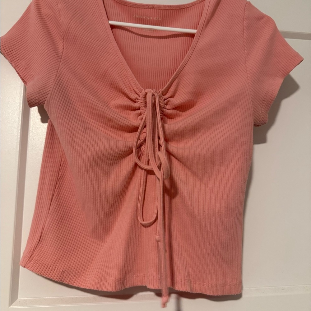 American Eagle Outfitters Ribbed Drawstring V-Neck Crop Top — Coral